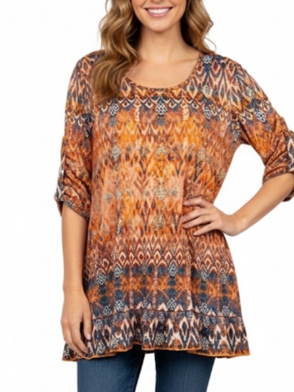 Textured Orange Ikat Scoop-Neck Tunic by Song n Spirit ptp 19 boho